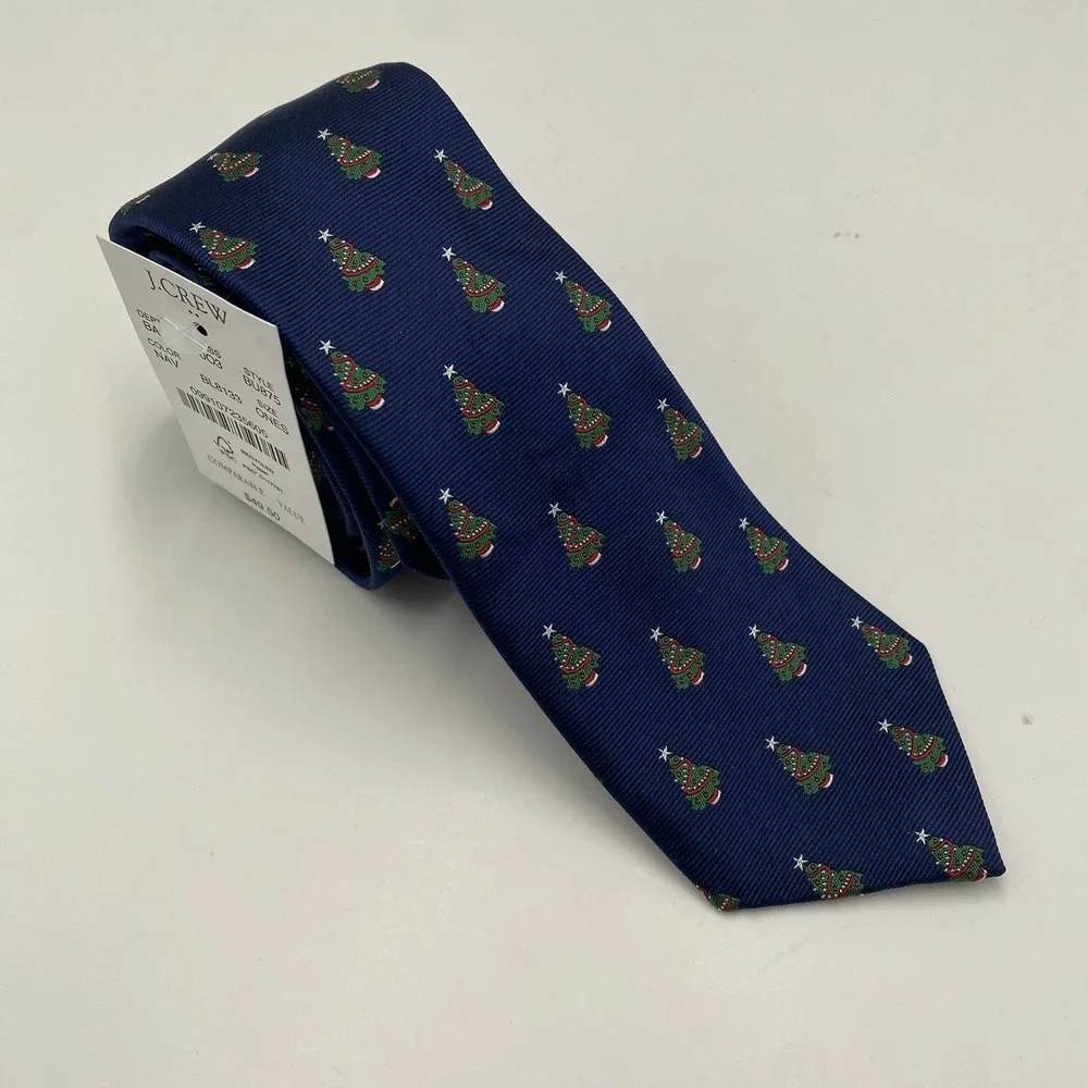 J Crew Mens 100% Silk‎ Woven Neck Tie Blue Christmas Trees New